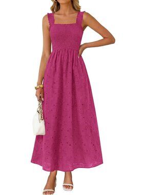 Women's Dark Red Boho Sleeveless Square Neck Cotton Flowy Long Maxi Dress